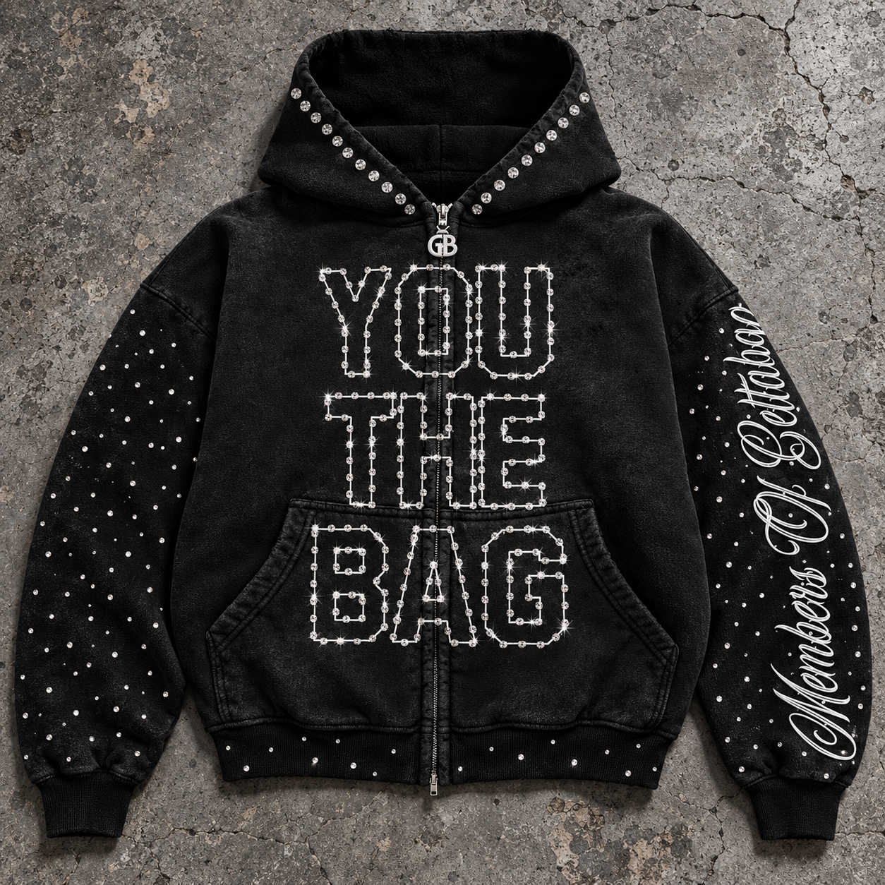 You The Bag Rhinestone Zip Hoodie — Washed Black