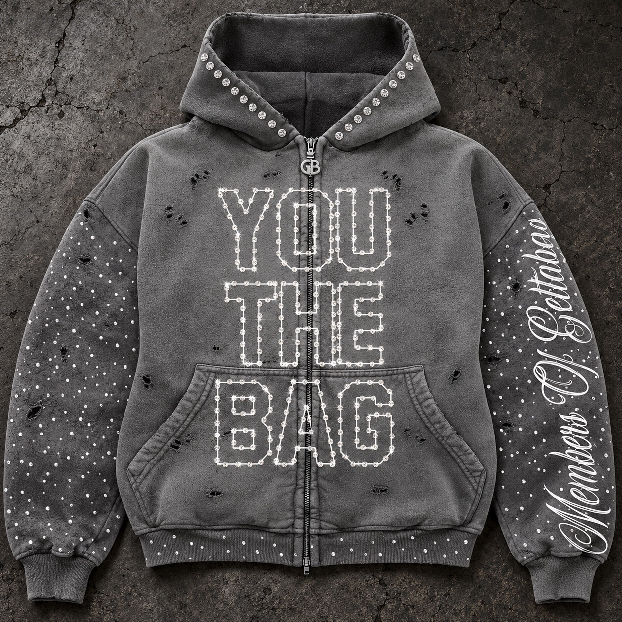 You The Bag Rhinestone Zip Hoodie — Washed Grey